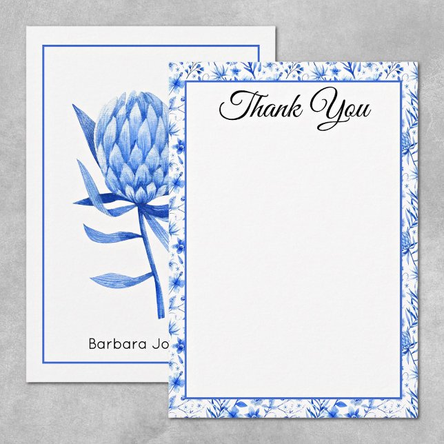 Name, Cobalt Blue Protea Flower Thank You Flat Card (Creator Uploaded)