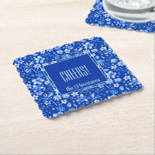 Name, Cobalt Blue Tropical Flowers & Leaves Paper Coaster