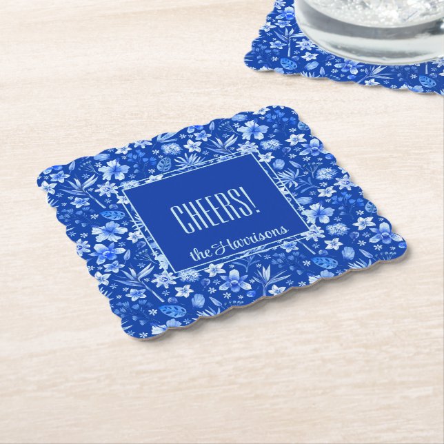 Name, Cobalt Blue Tropical Flowers & Leaves Paper Coaster (Angled)