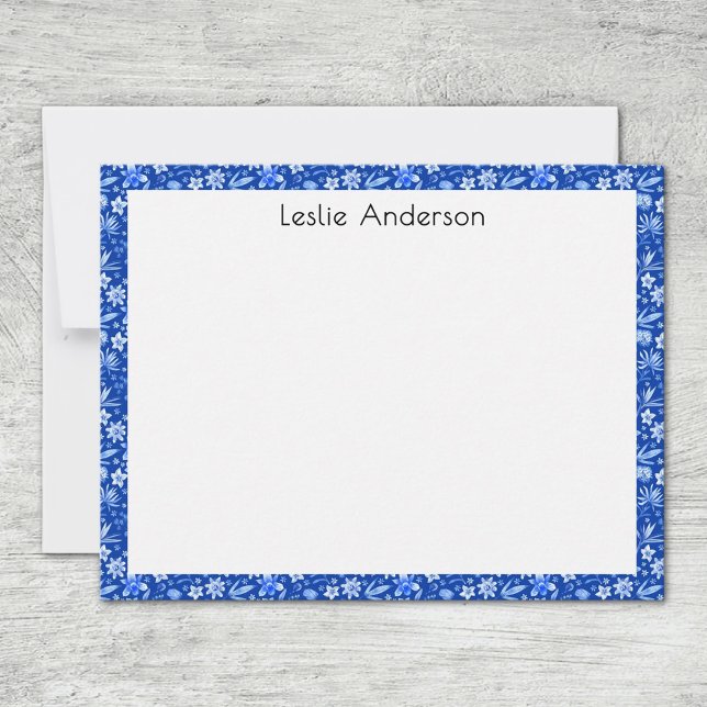 Name, Cobalt Blue Tropical Leaves & Flowers Frame Card (Creator Uploaded)