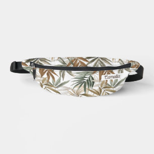 Name Custom Golden Charcoal Tropical Leaf Travel Fanny Pack