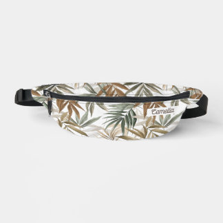 Name Custom Golden Charcoal Tropical Leaf Travel Fanny Pack