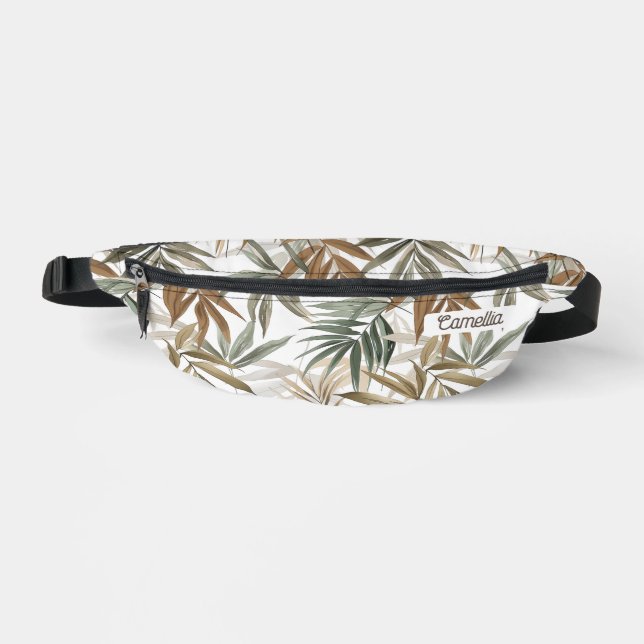 Name Custom Golden Charcoal Tropical Leaf Travel Fanny Pack (Front)