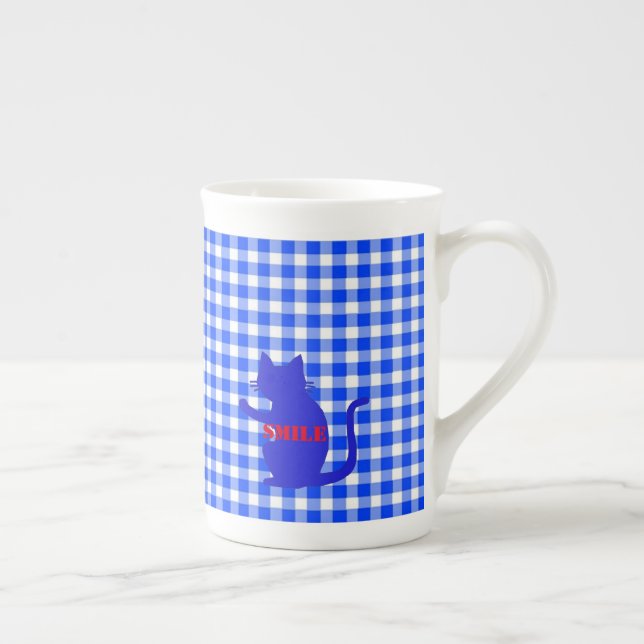 Name Customization CAT Check Blue Bone China Mug (Right)
