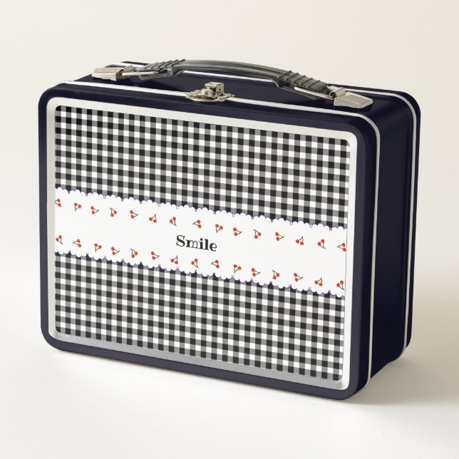 Name Customization Cherry Check Black Metal Lunch  Box (Front)