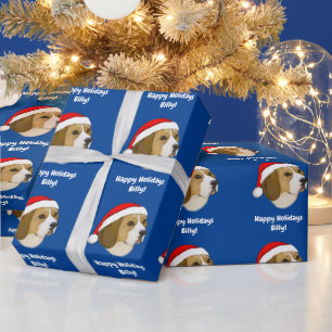 Name Customize Beagle in a Santa Hat  Wrapping Paper