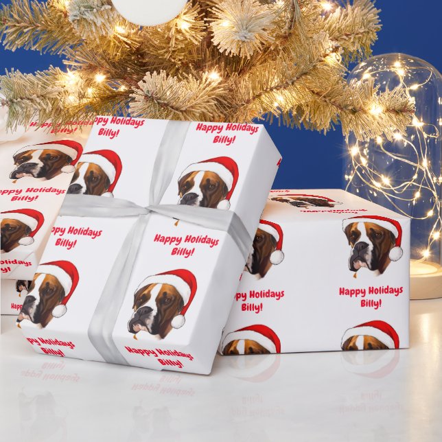 Name Customize Boxer in a Santa Hat Wrapping Paper (Holidays)
