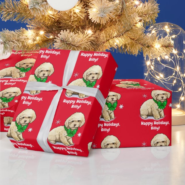 Name Customize Poodle Puppy in Christmas Bow Wrapping Paper (Holidays)