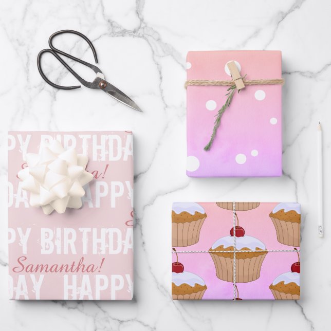 Name Customized Happy Birthday Cupcake/Polka Dots Wrapping Paper Sheet (Front)