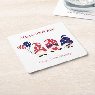 Name, Cute Gnomes 4th of July Square Paper Coaster