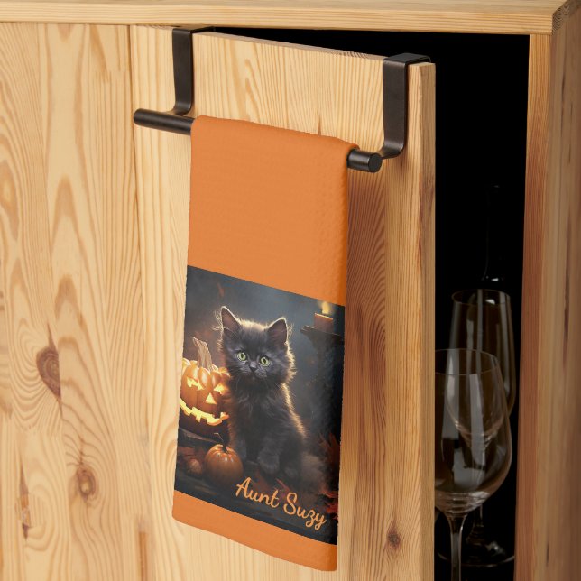 Name, Cute Halloween Kitten, Jack o Lantern Kitchen Towel (Thirds Fold)