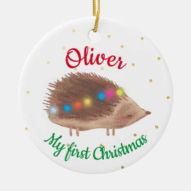 Name Cute Hedgehog Baby First Christmas  Ceramic Ornament (Front)