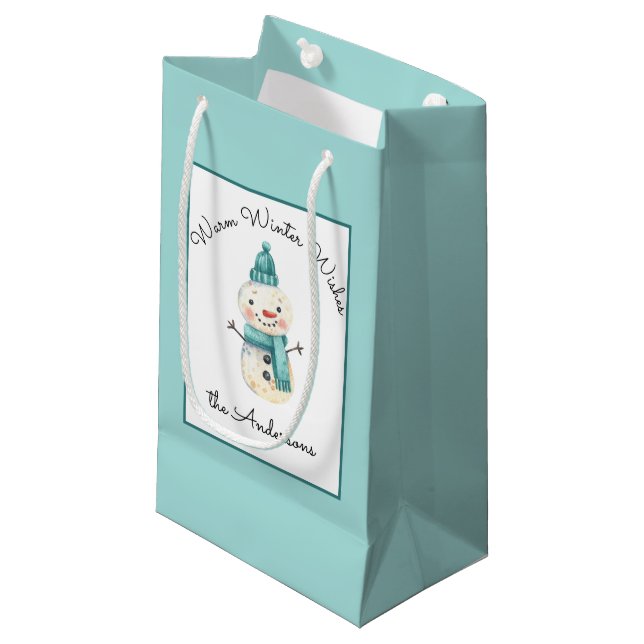 Name, Cute Snowman, Warm Winter Wishes, Small Gift Bag (Front Angled)