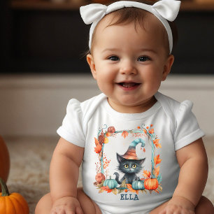 Name Cute Spooky Black Cat Witch Pumpkin Halloween Baby Bodysuit