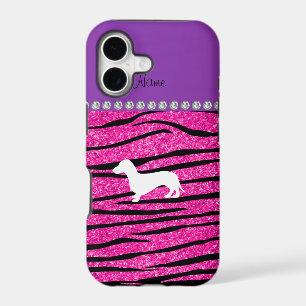 Name dachshund neon hot pink glitter zebra stripes