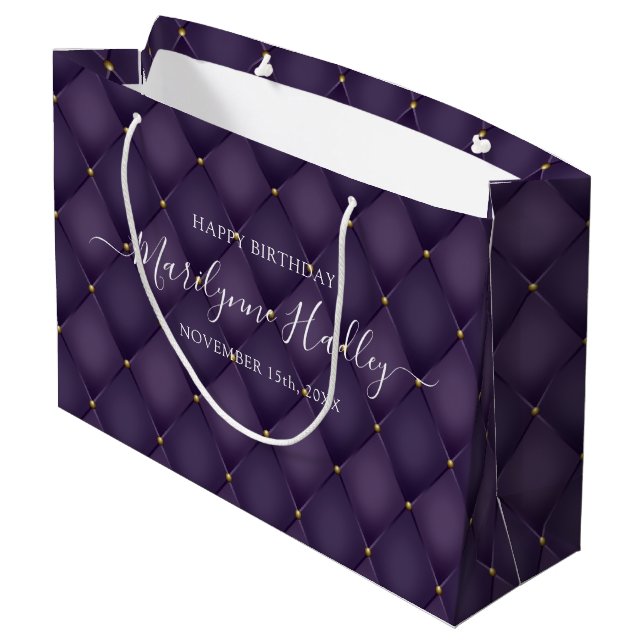 Name Date Harlequin Purple Birthday  Large Gift Bag (Back Angled)