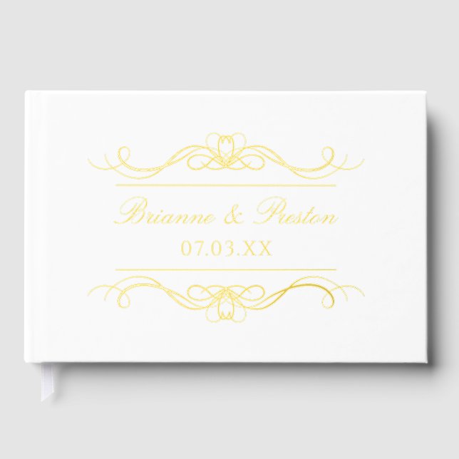 Name & Date Modern Elegant Gold Swirl Wedding Guest Book (Front)