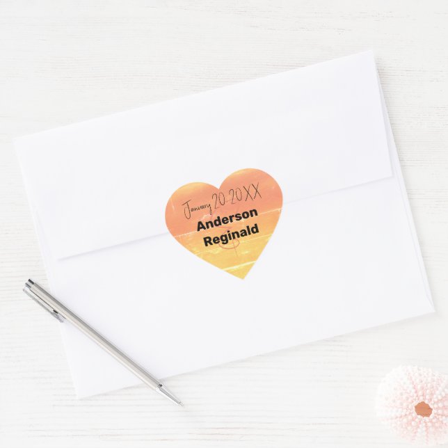 Name Date Summer Rustic Yellow Peach Wedding Heart Sticker (Envelope)