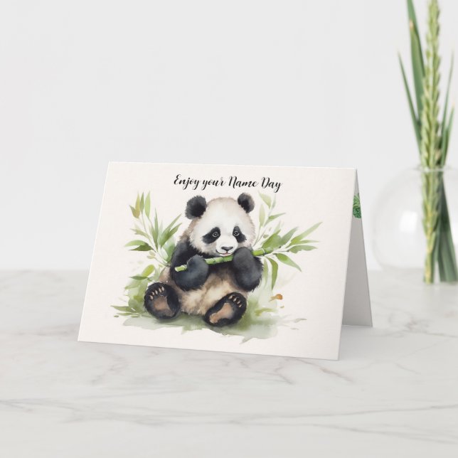 Name Day Panda Bear With Bamboo Card (Front)