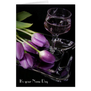 Name Day purple tulips and wine