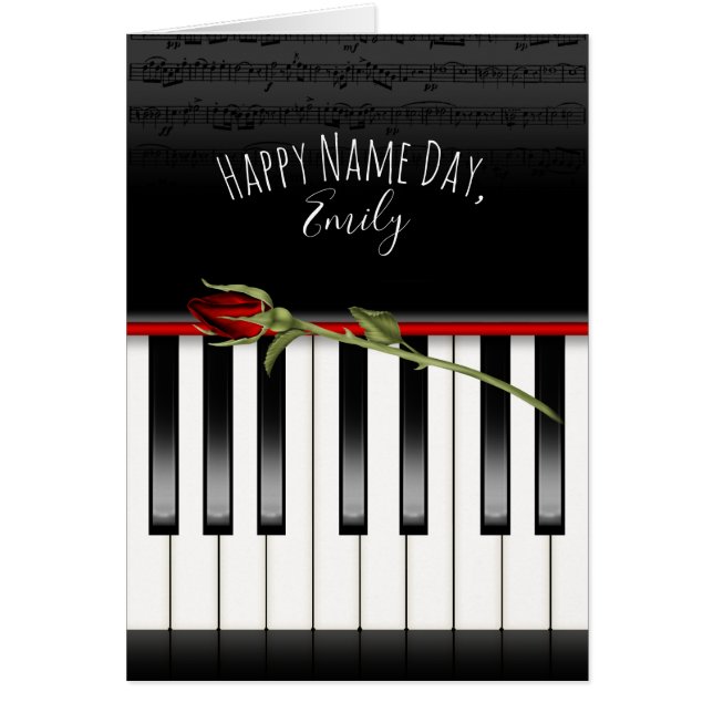 Name Day red rose on piano keyboard with name (Front)