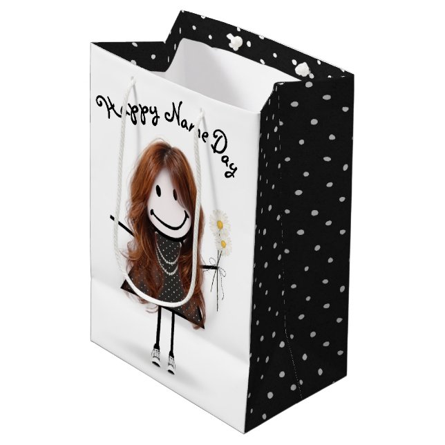 Name Day Stick Girl with Daisies Medium Gift Bag (Front Angled)