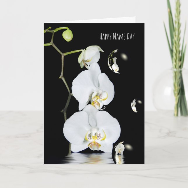 Name Day white orchids with bubble reflection Card (Front)