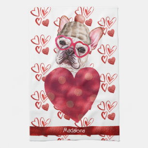 Name Dog Lover Valentine Gift French Bulldog Kitchen Towel
