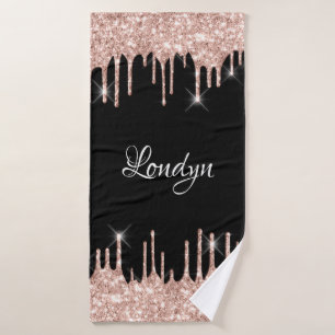 Name Elegant Glitter Drips Pink Rose Gold Black  Bath Towel