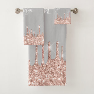 Name Elegant Glitter Drips Pink Rose Grey Sweet Bath Towel Set