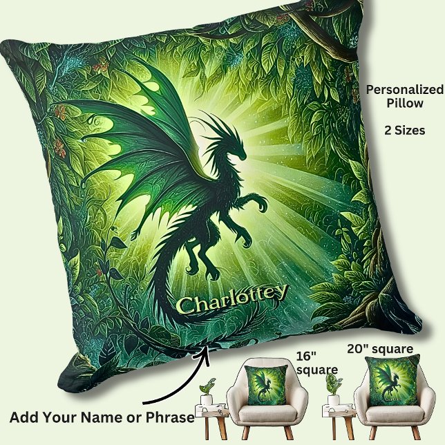 Name, Fantasy Dragon Flying in Green Light Rays Throw Pillow (Creator Uploaded)