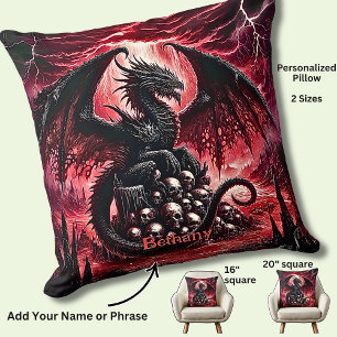 Name, Fantasy Fire Dragon with Skulls  Throw Pillow