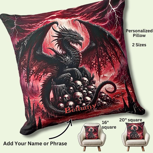 Name, Fantasy Fire Dragon with Skulls  Throw Pillow (Creator Uploaded)