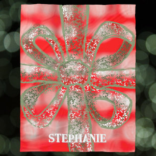 Name Festive Plaid Check Red White Cute Green Bow  Fleece Blanket