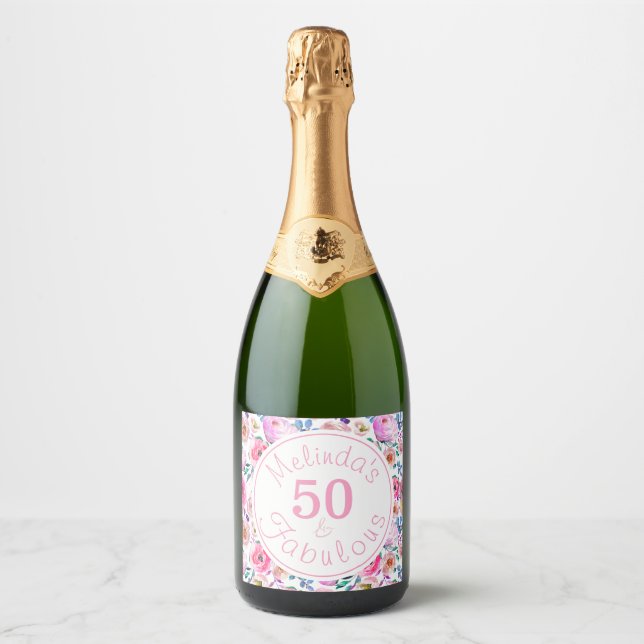 Name Fifty and Fabulous Pink Floral Garden Sparkling Wine Label (Front)