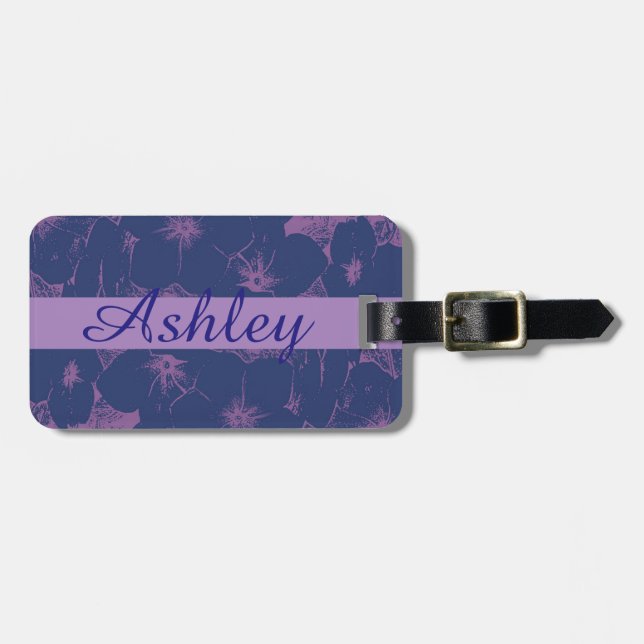 Name Floral Blue Mauve Motif Luggage Tag (Front Horizontal)