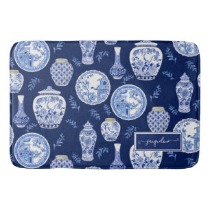 Name Floral Navy n White Ginger Jar Flower Vintage Bath Mat