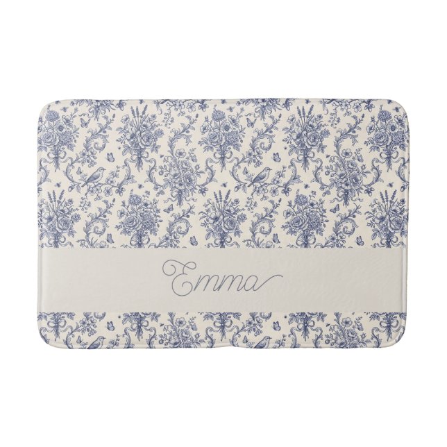 Name French Country Toile de Jouy Blue Pattern  Bath Mat (Front)
