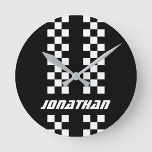 Name Fully Custom Colours Double Chequered Stripes Round Clock