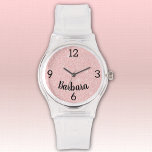 Name, Girly Pink Glitter Silicone Buckle Strap Watch<br><div class="desc">A sporty watch with durable clear silicone buckle strap and pale pink faux glitter face. Name is a bold black script font. Easily change name,  replace with monogram initials or remove to make it yours using the Template provided. Choose from other styles and colours.</div>