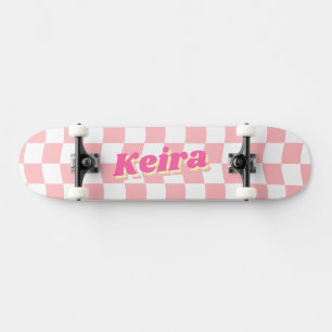 Name Girly Pink White Chequered Pattern Skateboard