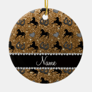Name gold glitter horses hearts horseshoe ceramic ornament