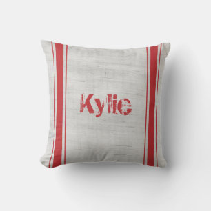 Name Grain Sack Red Vertical Stripes Throw Pillow
