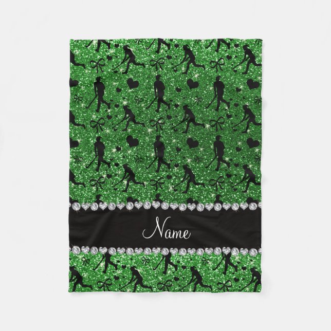 Name green glitter field hockey hearts bow fleece blanket (Front)