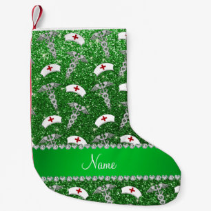 Name green glitter nurse hats silver caduceus small christmas stocking
