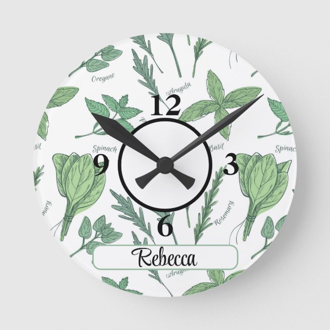 Name, Green Leafy Vegs & Herbs 8-in Acrylic Round Clock (Front)