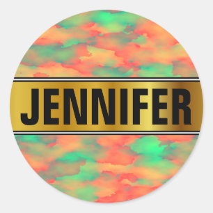 Name + Green, Red Watercolor-Like Abstract Pattern Classic Round Sticker