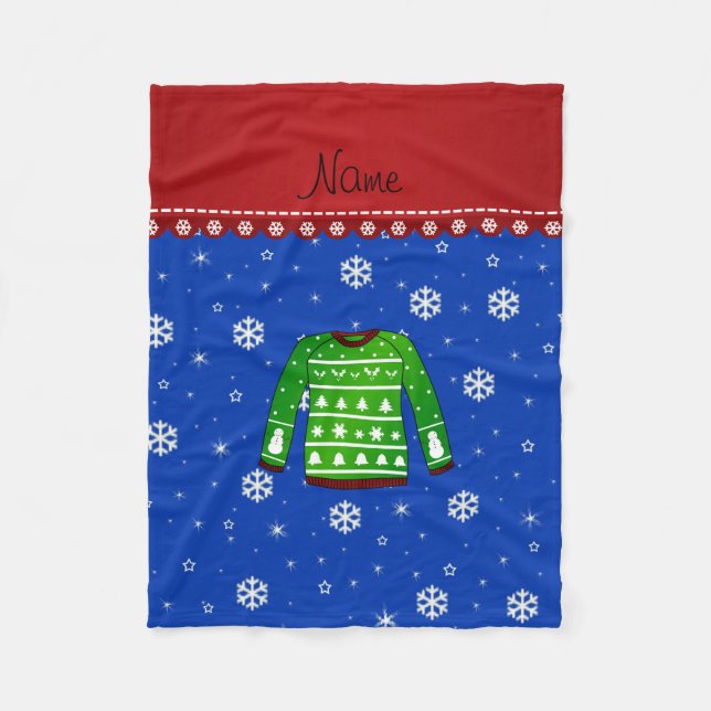 Name green ugly christmas sweater blue snowflakes fleece blanket (Front)