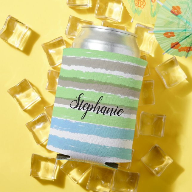 Name Grey Green Blue Watecolor Stripes Can Cooler (In Situ Summer)