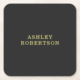 Name Grey Yellow Professional Stylish Minimalist Square Paper Coaster